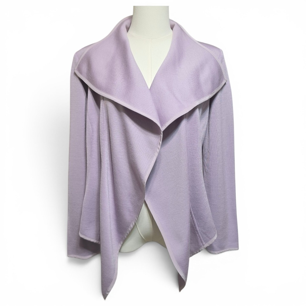 St. John Lavender Wool Blend Knit Waterfall Jacket Cardigan Silk Trim Size 8